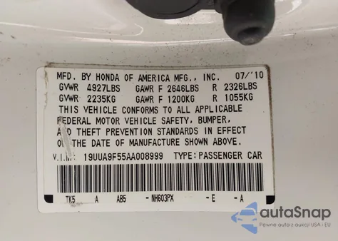 2010 Acura Tl 3.7 from USA, damaged, VIN 19UUA9F55AA008999